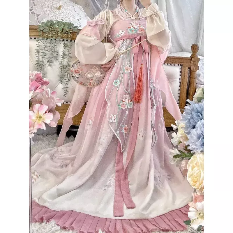 Chinesisches Hanfu Kleid Karneval Fee Cosplay Kleid bestickt altes Kostüm rosa lose ärmel ige Fee elegante Frau Tanz kleid