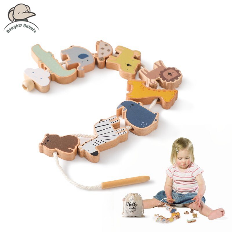 Mainan hewan bayi benang kayu mainan susun blok papan permainan kayu mainan bayi hewan tumbuh benang manik-manik hadiah mainan