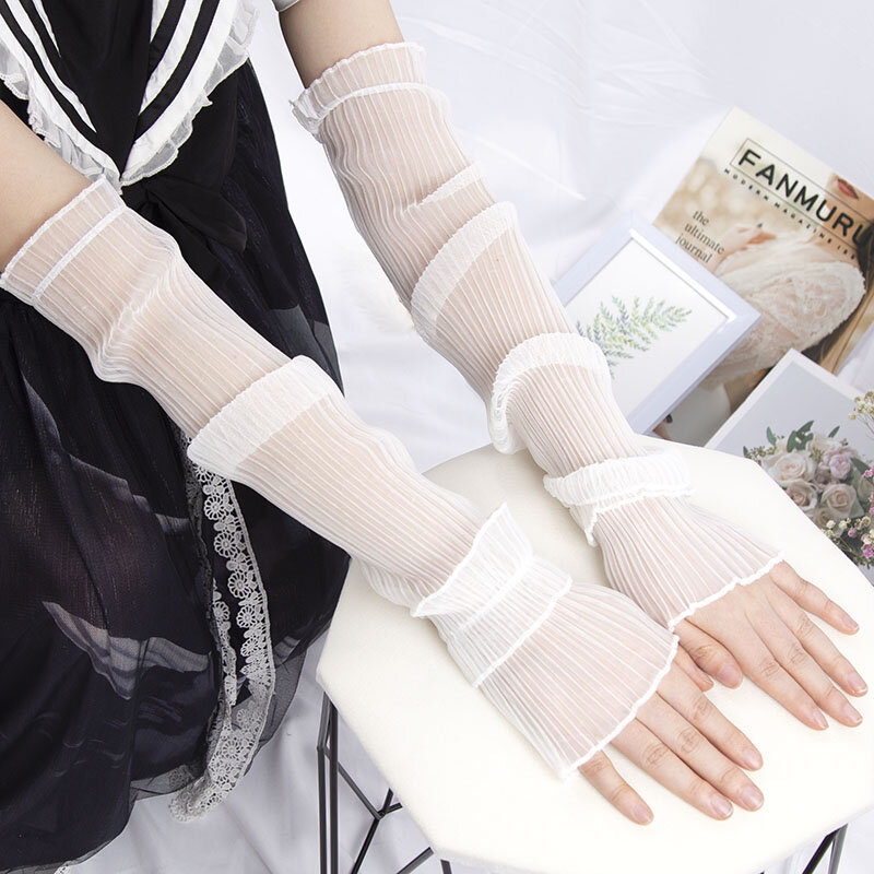 1pair Women Lace Thin Long Fingerless Gloves Summer Sun Protection Sleeves Glove Mesh Breathable Arm Sleeve Sunscreen Uv Mittens