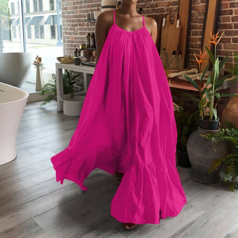 Women Camisole Oversized Maxi Dresses Summer Casual Spaghetti Strap Loose Backless Big Swing Dress Women Solid Floor-length Robe