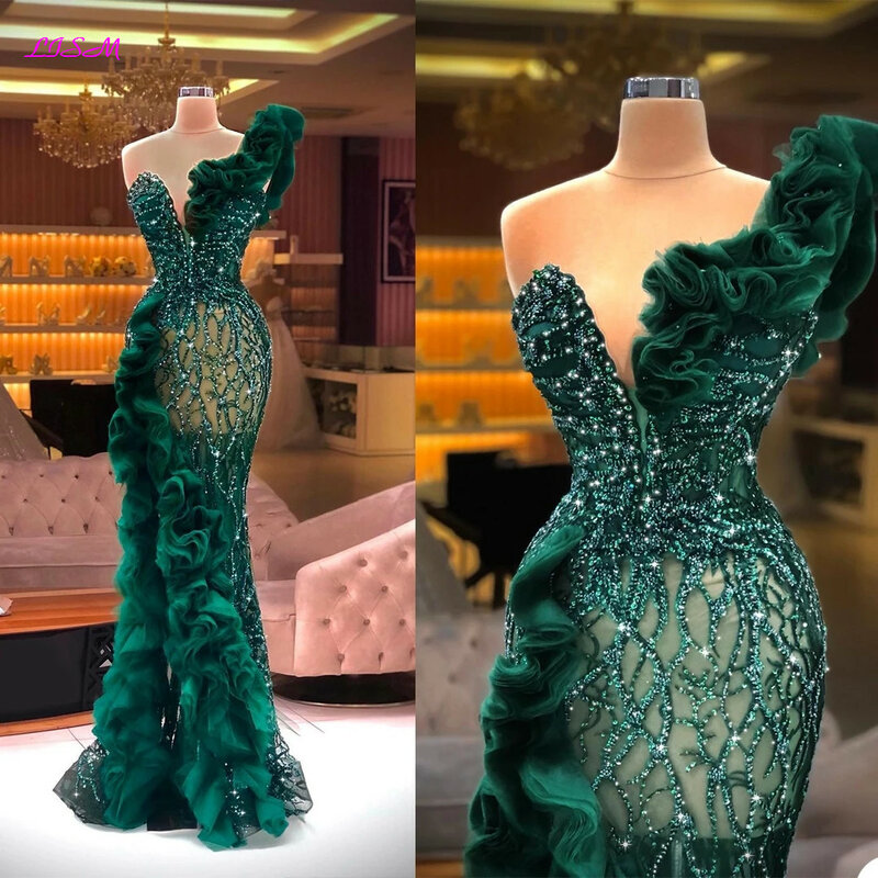LISM luksusowe zroszony aplikacje Mermaid suknie wieczorowe eleganckie boczne rozcięcie Ruffles tiulowa sukienka na studniówkę błyszczące cekiny formalne suknie