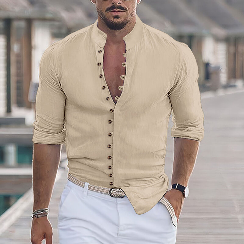 Spring and autumn all seasons Hot Sale Cotton Linen button Long-Sleeved Shirts Men's Solid Color Stand-Up Collar Casual chemise