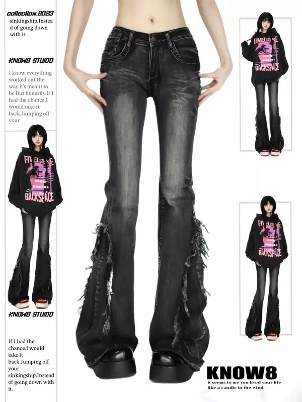 بنطلون جينز نسائي قوطي أسود واسع ، بنطلون جينز هاراجوكو Y2k جمالي ، بنطلون جينز فاسق ، ملابس تراشي ، خمر ،
