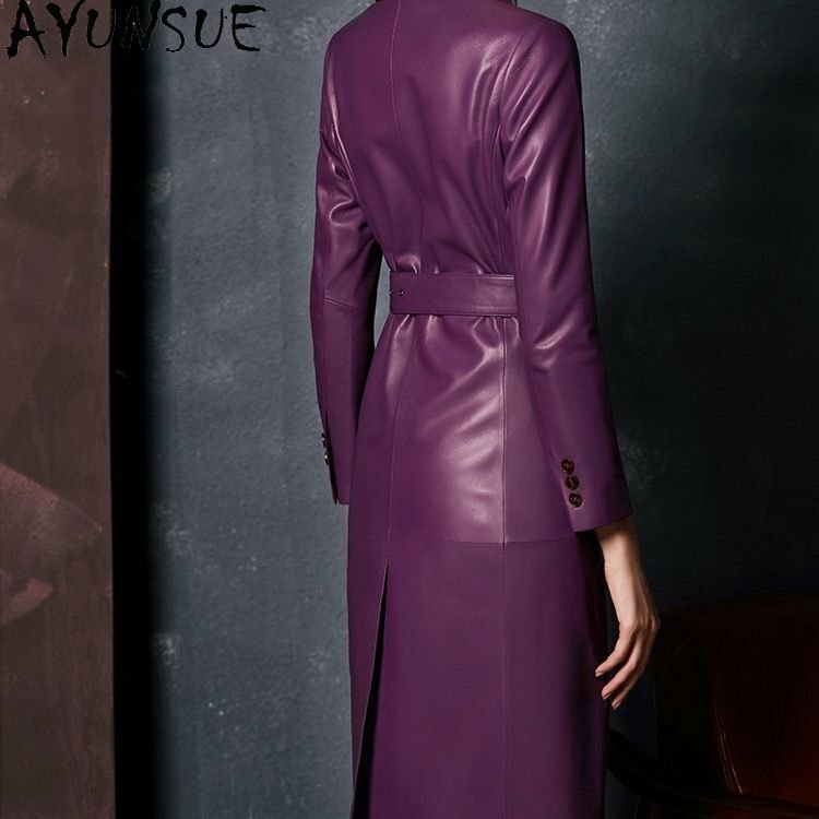 AYUNSUE-Jaqueta de couro genuíno para mulheres, corta-vento de comprimento médio, casaco de pele de carneiro real, roxo elegante, high-end