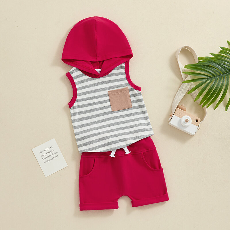 2024-04-01 Lioraitiin Toddler Baby Boy 2PCS Summer Set Striped Sleeveless Hooded Tank Tops Elastic Waist Shorts Outfits