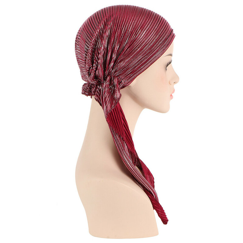 Shiny Glitter Elastic Solid Color Pre-Tied Hijabs Wrap Head Scarf Muslim Turban Bonnet for Women Inner Hat Turbantes Caps Mujer