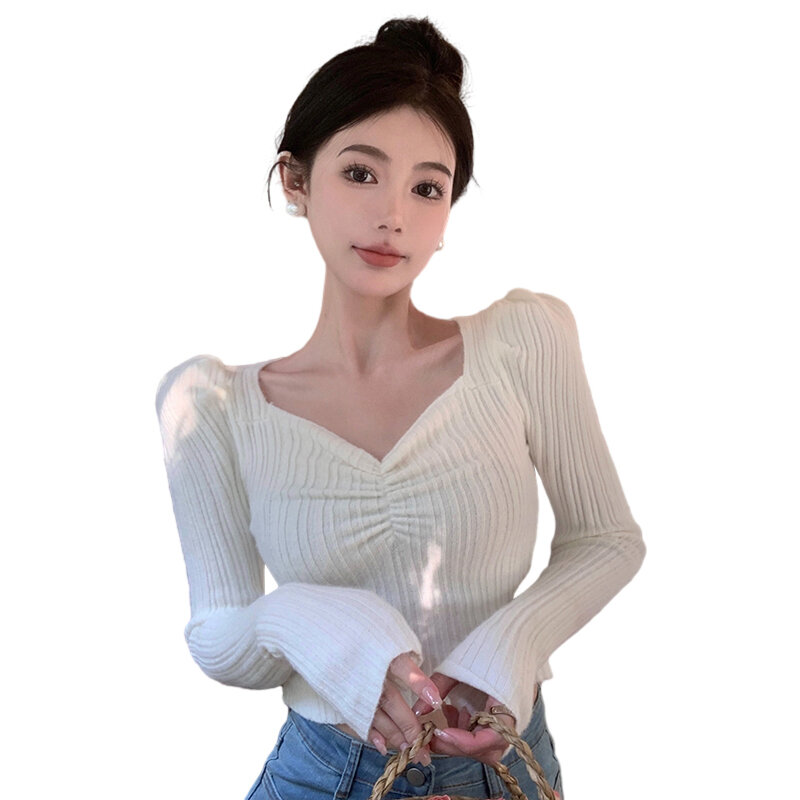 Женский свитер с V-образным вырезом, Тонкий Модный Универсальный однотонный вязаный короткий свитер с длинными рукавами-фонариками в Корейском стиле
