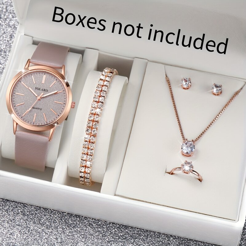 Elegante e chique Conjunto de relógio de quartzo feminino, relógio casual de couro PU com joias atemporais, presente perfeito para ela, 6 peças