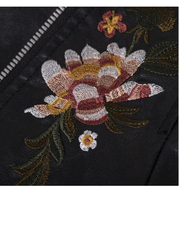 Kobiety patchworkowa skórzana kurtka haft w kwiaty nity krótkie Pu skórzane małe kurtki Casual płaszcze motocyklowe