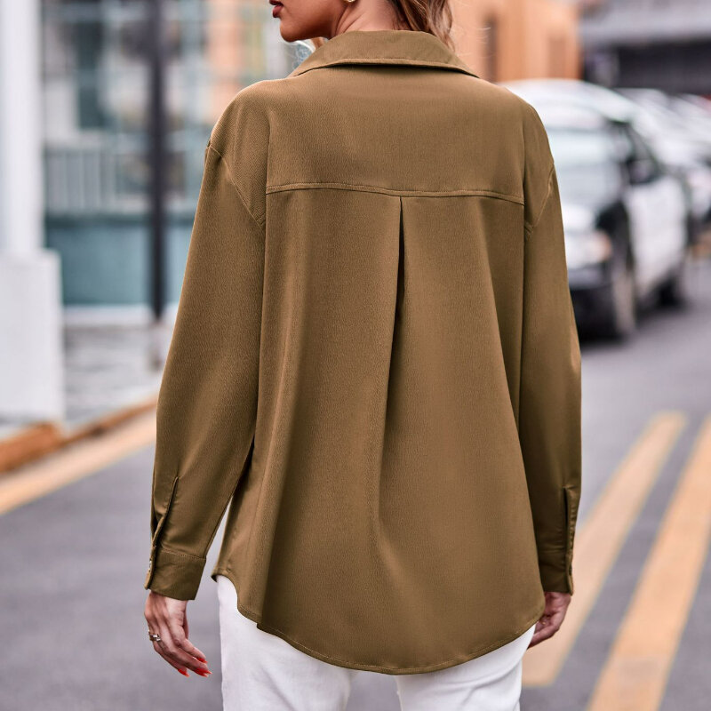 Blusa informal holgada de manga larga para mujer, camisa con botones y bolsillos, Color liso, ropa de otoño