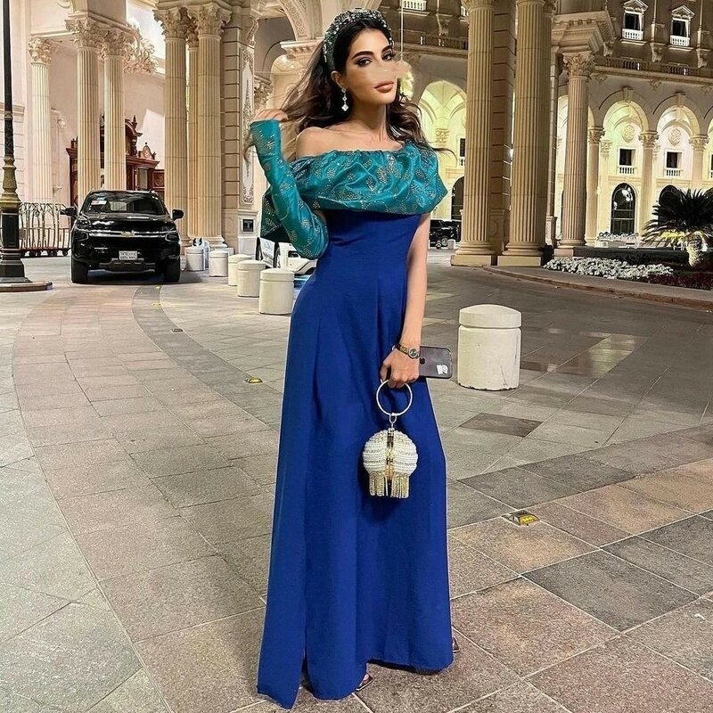 Vestido de fiesta largo hasta el suelo para mujer, traje elegante de sirena azul con cuello Barco, Manga de un eng, Arabia Saudita, 2023