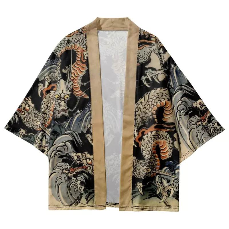 Kimono Samurai tradisional baju kardigan wanita Haori Cosplay gambar naga Anime Jepang untuk pria dan wanita jubah musim panas