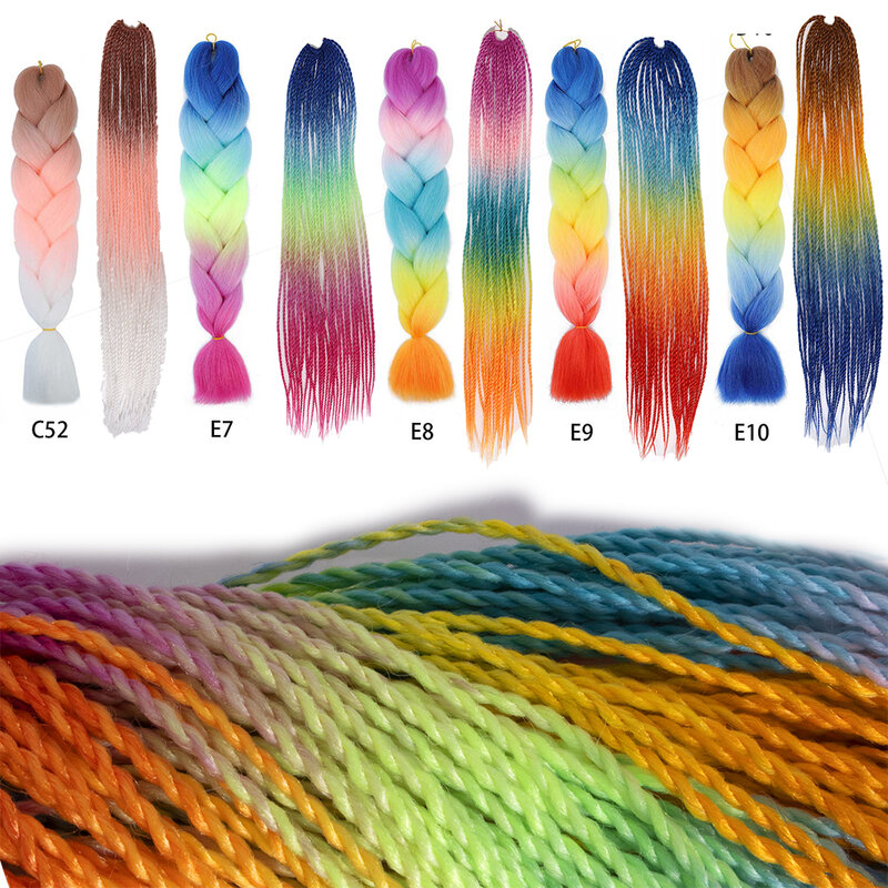 Torção trança Crochet extensão do cabelo, 3 Tom, Ombre cor, arco-íris, Jumbo Box trança, tranças pré-esticadas, 24"