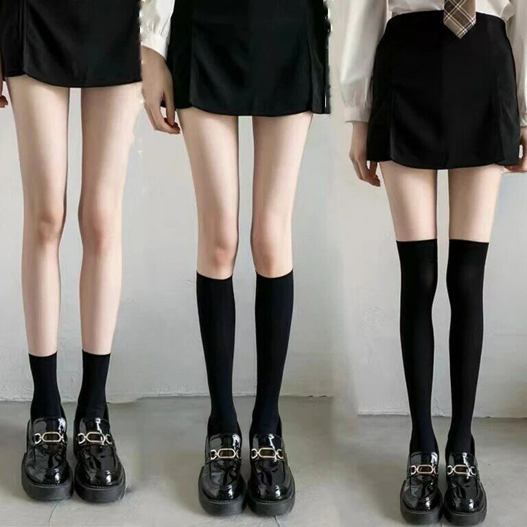 Calcetines de terciopelo para mujer, medias ultrafinas jk, media pierna, sobre la rodilla, seda negra
