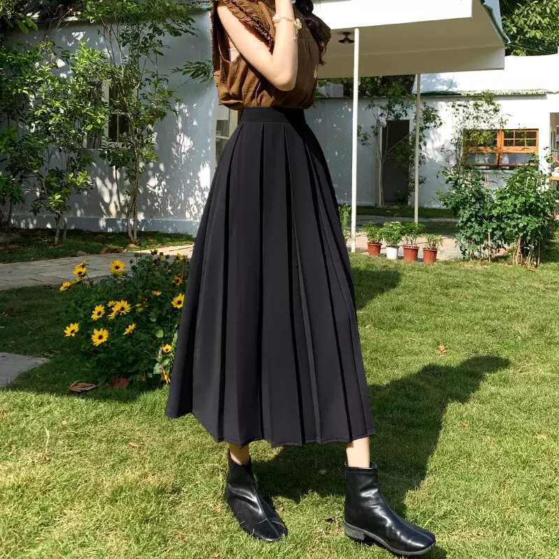 Falda plisada de cintura alta para primavera y verano, traje de sensación de flacidez, longitud media, temperamento versátil, línea A, 2024