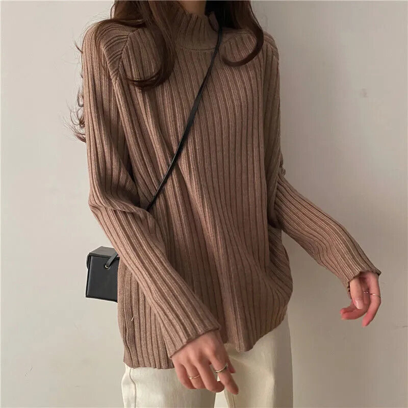 Suéter de punto de cuello alto para mujer, Jersey holgado de manga larga, combina con todo, sólido, para oficina, Otoño e Invierno