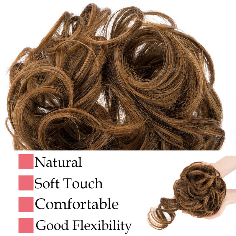 Snoilite Sanggul donat keriting sintetis, ikat rambut cepol elastis dengan kepang berantakan, hiasan rambut Updo hitam coklat untuk wanita