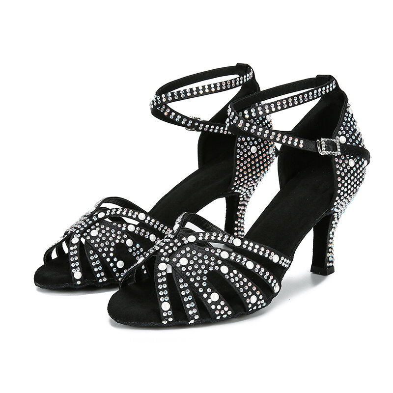 Disesuaikan sepatu dansa pesta Satin bersinar berlian imitasi lembut bawah Latin sepatu dansa wanita Sandal tari Salsa tumit 7.5 cm-10 CM