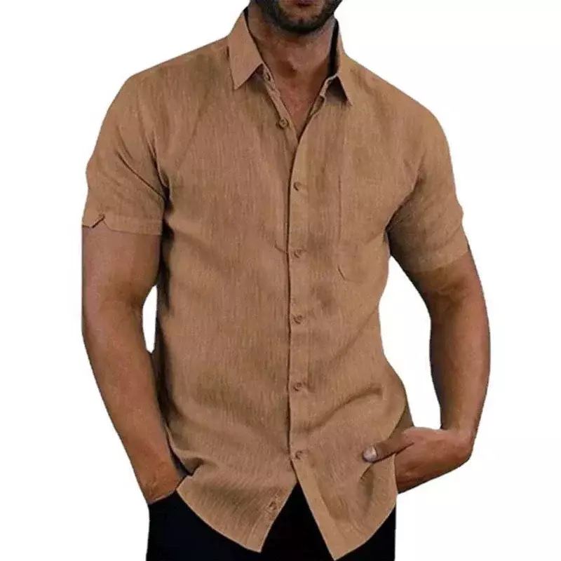 Рубашка мужская с отложным воротником, хлопок и лен, Повседневная Формальная блуза с коротким рукавом, однотонная пляжная одежда, лето