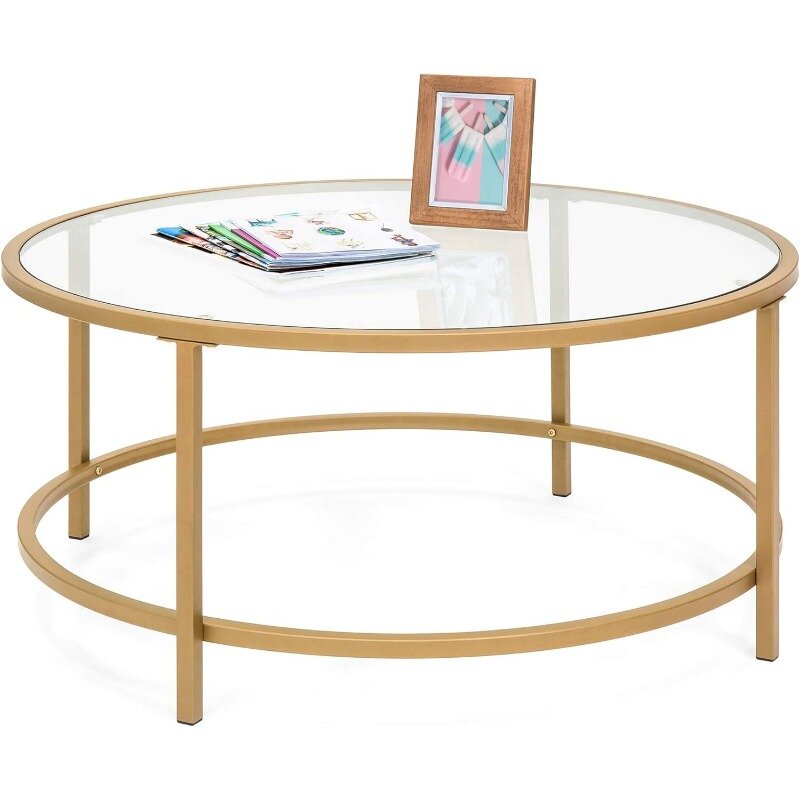 36-дюймовый современный круглый кофейный столик из закаленного стекла с акцентом для гостиной, столовой, чая, домашний декор с металлической рамкой