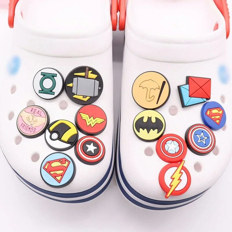 New Arrival 1-10pcs Shoe Charms Superhero Badge Superman Batman Accessories PVC Shoes Decoration For Kids Birthday Present