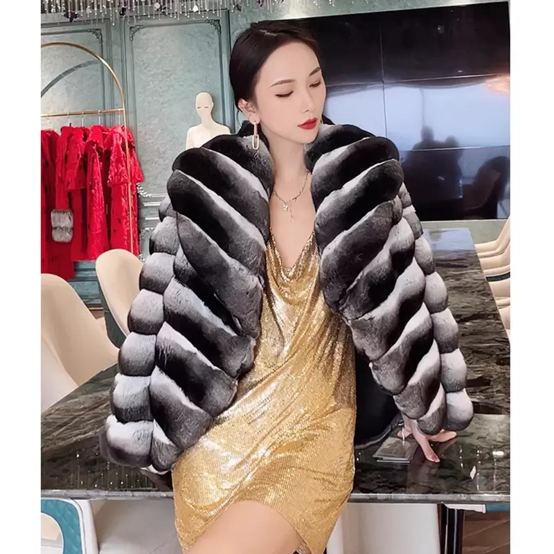 Women's Jacket Chinchilla Fur Real Rex Rabbit Fur Coat Genuine Fur Luxury Brands Short Rabbit Fur Coat Women