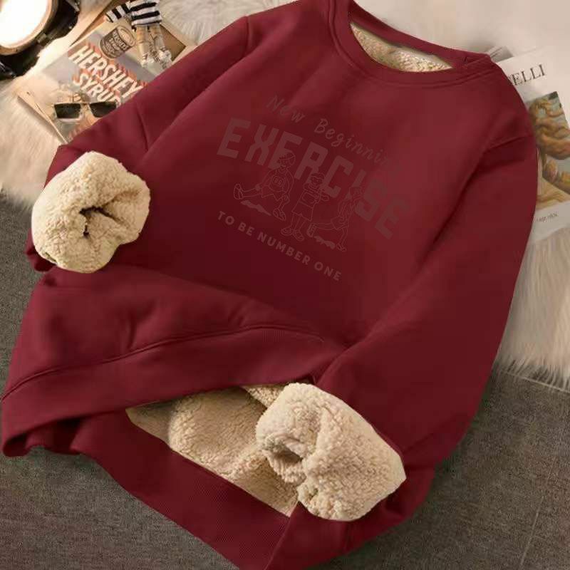 Sweatshirt Women's Winter Loose Letter Print Plush Thick Hooded Sweatshirt Warmth Padded Warm Fleece Lined Pullover Sweater Top