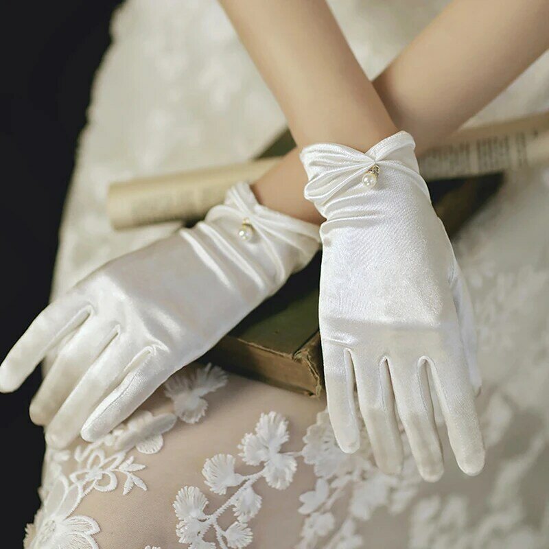 Женские атласные Короткие Сексуальные перчатки, эластичные тонкие варежки для невесты, свадьбы, банкета, солнцезащитные, с защитой от УФ-лучей, аксессуары для фотографий с полными пальцами
