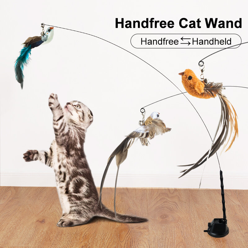 แฮนด์ฟรี Bird/Feather Cat Wand กับ Bell ที่มีประสิทธิภาพดูดถ้วย Interactive ของเล่นสำหรับแมวแมวล่าสัตว์การออกกำลังกายสัตว์เลี้ยงผลิตภัณฑ์