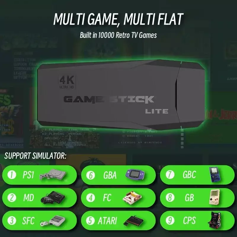 Console de jeu vidéo M8 Stick Lite, double manette sans fil, 64 Go, 4K, 10000 jeux rétro, cadeau de Noël pour enfant