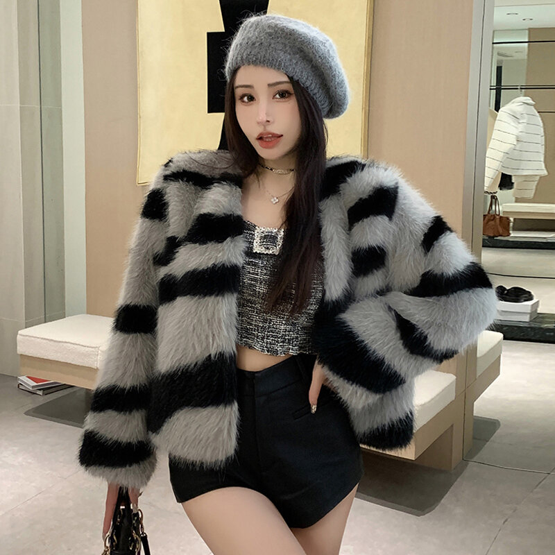 Winiter paski zebry płaszcz ze sztucznego futra sweter z długim rękawem w stylu koreańskiej mody damskie futro