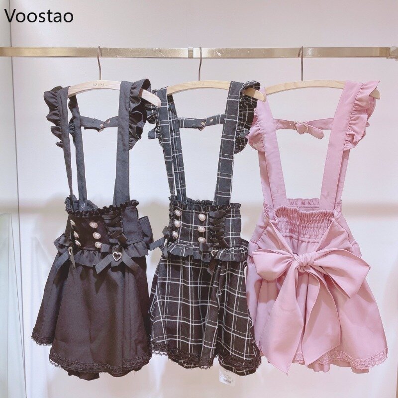 Japanese Gothic Lolita Lace A-Line Mini saias, arco de fita, fivela de pérola de diamante, saia curta para meninas, doce e fofa