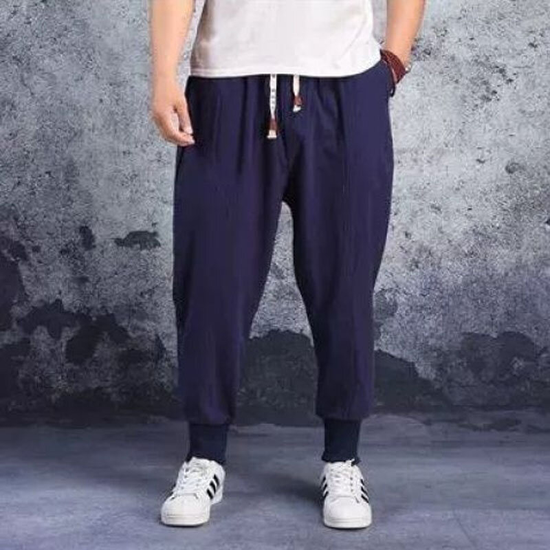 Pantaloni Harlan larghi estivi da uomo in stile cinese di grandi dimensioni pantaloni comodi multicolori Casual in cotone e lino tinta unita