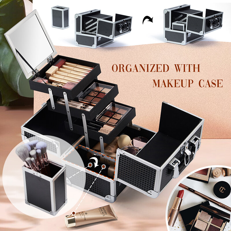 Joligrace-maleta de maquillaje profesional, maletín portátil de gran capacidad con soporte para brochas cosméticas, espejo bloqueable