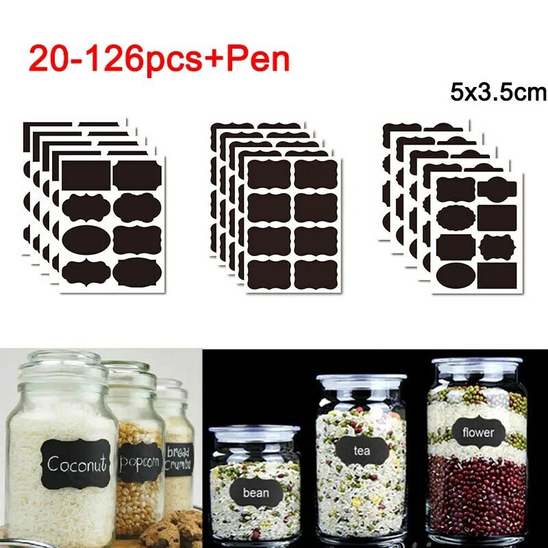 Etiquetas de pizarra borrables de 20-126 unids/set, pegatina de especias, organizador de cocina para el hogar, pegatina de tablero negro con bolígrafo