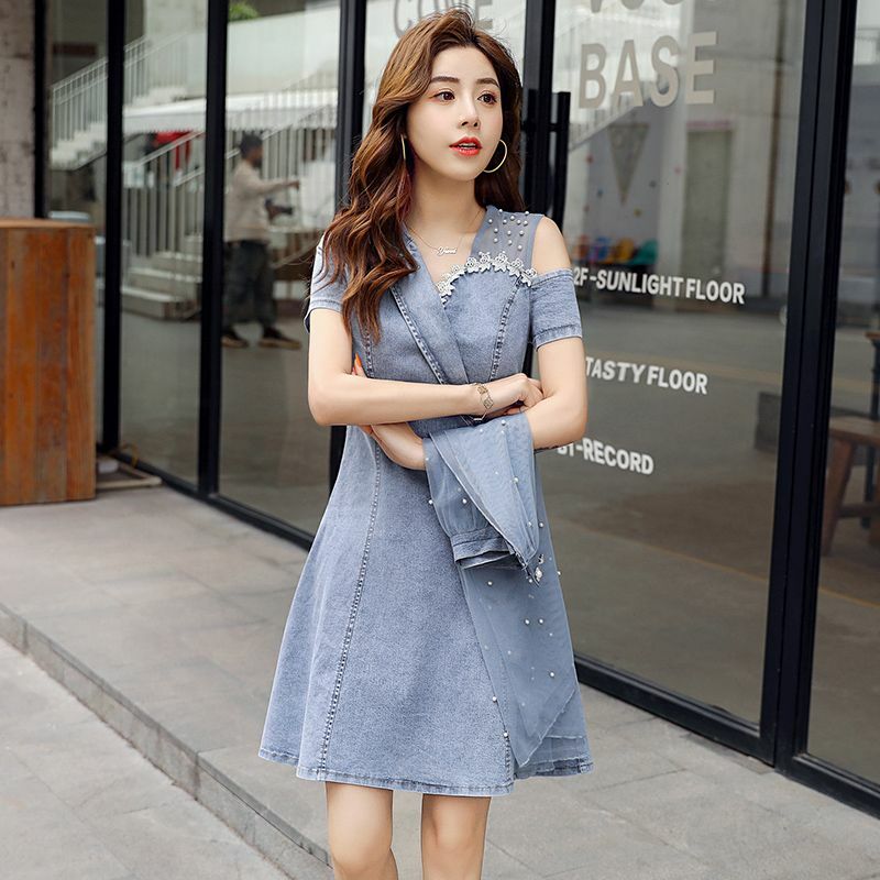 2024 New Mesh Splicing Korean Summer Denim Dress Set, Sweet and Loose Temperament, Waist Cinching Skirt for Woman