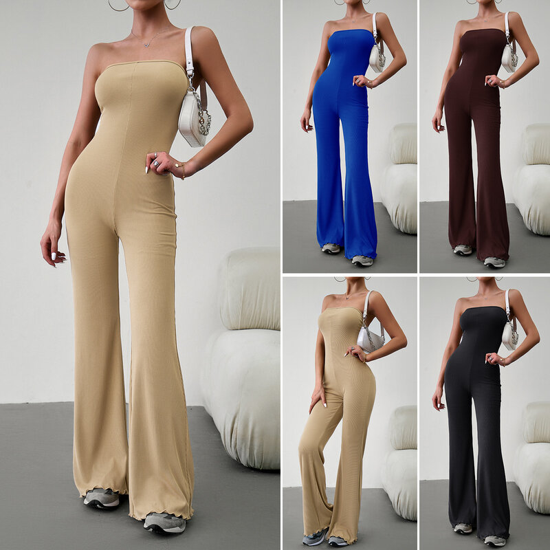 High Quality Women's Clothing Autumn Winter 2024 Elegant Slim Fitting Sexy Strapless Jumpsuit with Waistband Open Back Pants Y2k