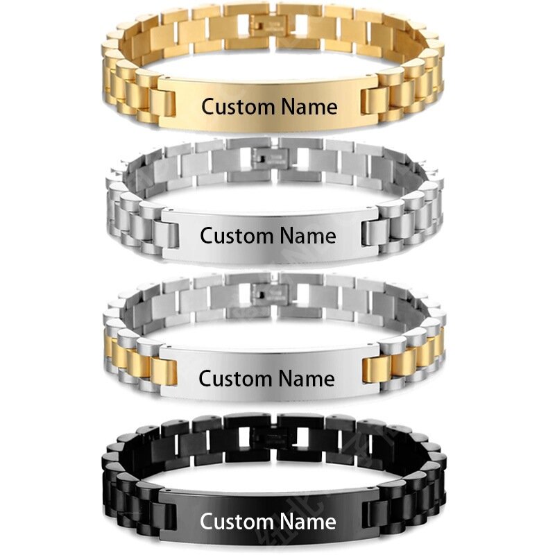 Custom Logo Name Engrave Leather Bangle Hand Made Bracelet Customized Stainless Steel Bracelets For Men ID Bracelet Jewelry Gift