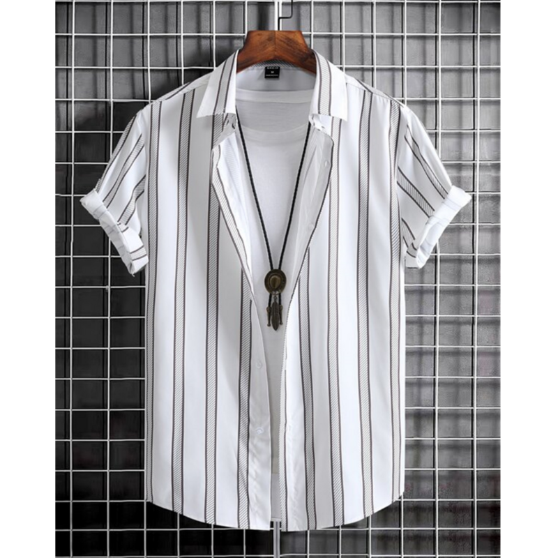Camisa havaiana solta em 3D masculina, listras simples, camisas respiráveis, manga curta, roupas masculinas, verão, 2023