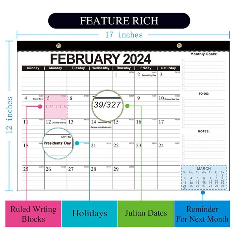 Inglês Wall Hanging Calendar for Home and Office, Schedule, Paper, Year Planning, Schedule, 18 Meses, Julho 2023-Dezembro 2024