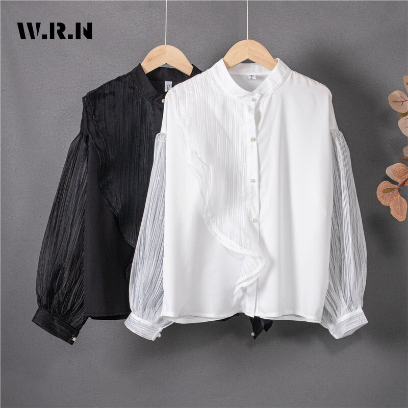 Korean Women's Stand Collar White Patchwork Blouses 2024 Spring Casual Style Single Breasted Loose Fit Chic Long Sleeve Shirts