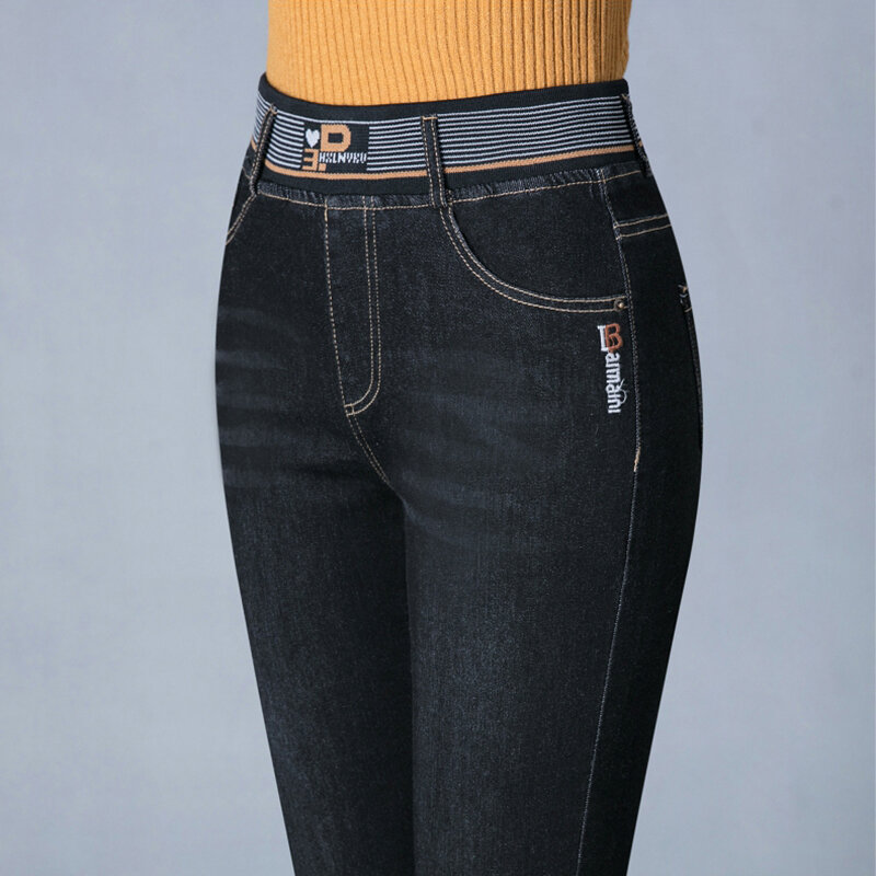 Jeans reto retrô de cintura alta feminino, calça jeans vintage casual, calças retrô esticadas, tamanho grande coreano 36