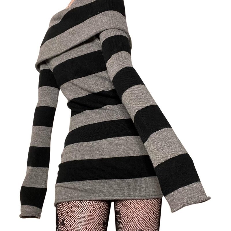 Mini vestido de suéter listrado feminino, Y2K, Mall Goth Grunge, Emo Bodycon, Chique, Fora do Ombro, Manga Completa, Slim Fit, Vestidos Vintage, 00s