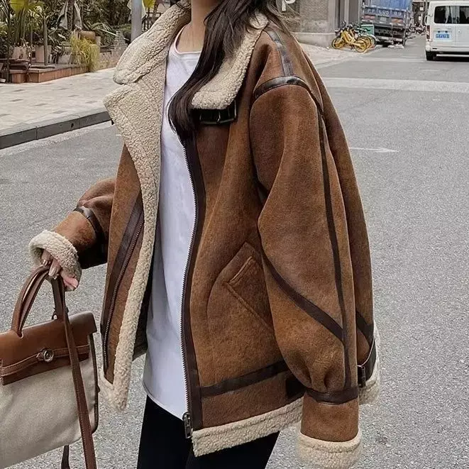 Abrigo de lana de cordero de estilo coreano para mujer, Chaqueta corta y cálida de piel sintética para motocicleta, blusa negra para invierno y otoño