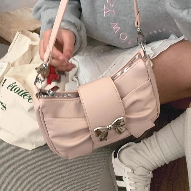 Xiuya Pink Bow Womens Shoulder Bag Korean Fashion College Style Elegant Handbag Square Pleated Sweet Casual Leather Armpit Bag