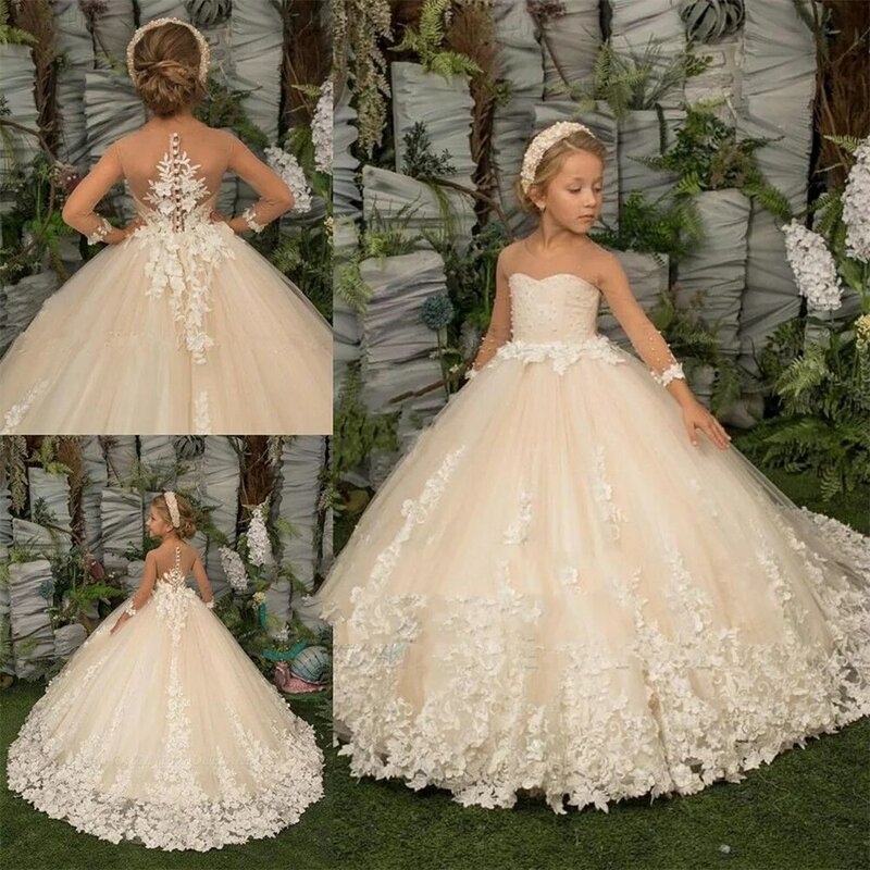 Gaun Perempuan Bunga Applique Renda Floral Gaun Pesta Pernikahan Anak-anak Baju Anak-anak Baru Gaun Putri Komuni Pertama