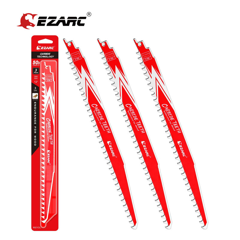 EZARC 3Pcs Carbide Reciprocating Saw Blade Endurance for Hard Wood, R943HM 9Inch / 225mm 3TPI, R1243HM 12-Inch / 225mm 3TPI