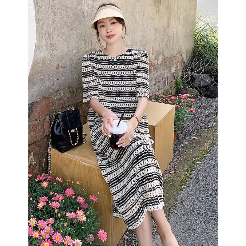 Fashion O-Neck Knitted Hollow Out Striped Casual Dresses Female Clothing 2024 Summer New Loose Short Sleeve All-match Midi Dress