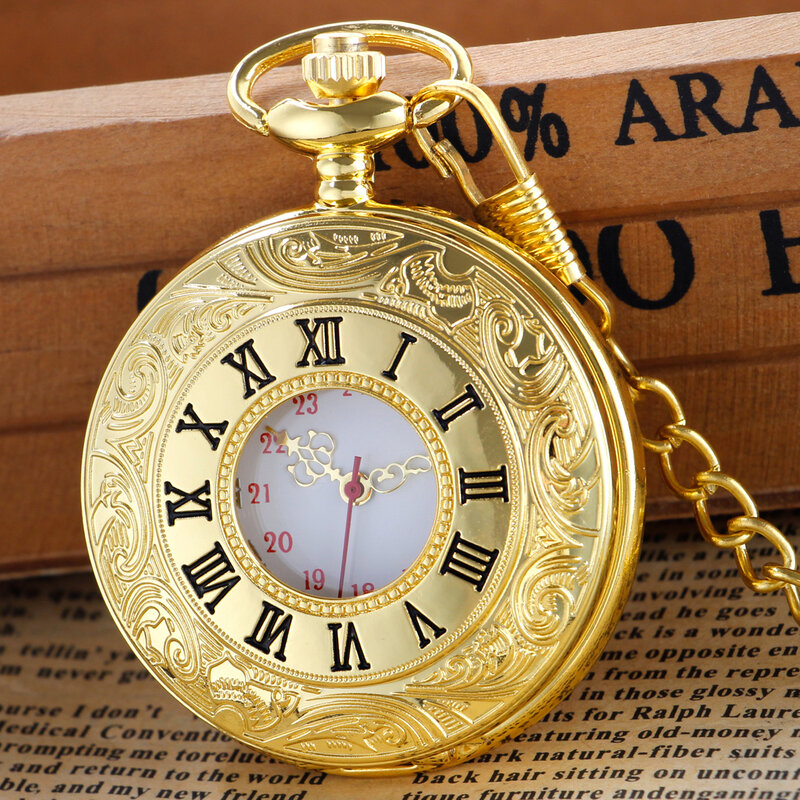 Luksusowy złoty kwarc zegarek kieszonkowy Vintage Roman w skali numerycznej zegarki wiszące dla mężczyzn kobiet prezent