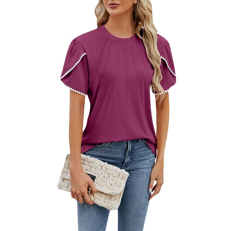 Atasan Wanita lengan kelopak mutiara tali serut leher bulat warna polos Atasan wanita blus Fashion kaus 2024 untuk wanita Y2k